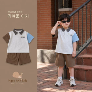 Bộ cotton cổ đức tay phối bé trai phối quần kaki, bộ thun cotton cổ đức bé trai Bernie