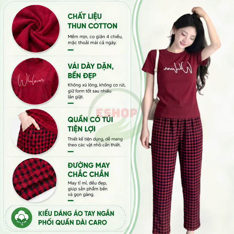 Đồ Bộ Nữ Mặc Nhà Chất Thun Cotton Co Giãn - Áo Tay Ngắn Phối Quần Dài Caro ESHOP Bigsize 43-85kg