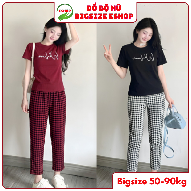 Đồ Bộ Nữ Mặc Nhà Chất Thun Cotton Co Giãn - Áo Tay Ngắn Phối Quần Dài Caro ESHOP Bigsize 43-85kg