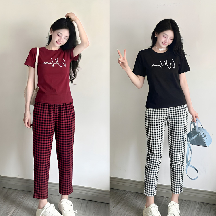 Đồ Bộ Nữ Mặc Nhà Chất Thun Cotton Co Giãn - Áo Tay Ngắn Phối Quần Dài Caro ESHOP Bigsize 43-85kg