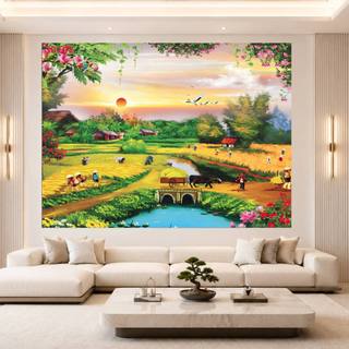 Tranh phong cảnh đồng quê Việt Nam TS Decor, đồng lúa chín vàng lụa cao cấp, tranh treo phòng khách
