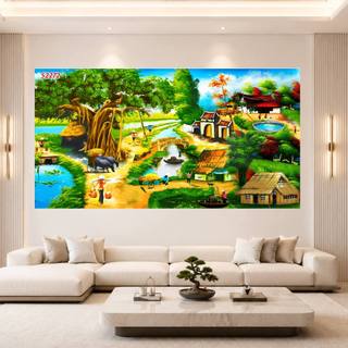 Tranh phong cảnh đồng quê Việt Nam TS Decor, đồng lúa chín vàng lụa cao cấp, tranh treo phòng khách