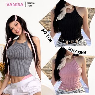 Áo hai dây giả yếm phong cách croptop chất len lông phong cách hồng xám đen xinh VANISA AK774