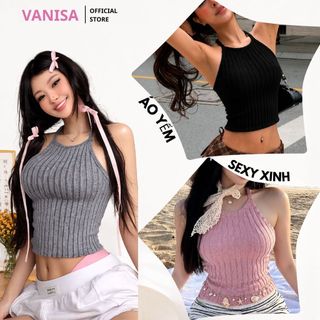 Áo hai dây croptop giả yếm phong cách chất len lông phong cách hồng xám đen xinh VANISA AK774