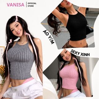 Áo croptop hai dây giả yếm phong cách chất len lông phong cách hồng xám đen xinh VANISA AK774