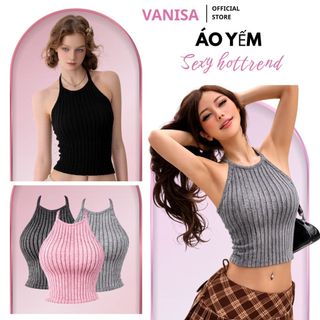 Áo croptop giả yếm hai dây phong cách chất len lông phong cách hồng xám đen xinh VANISA AK774