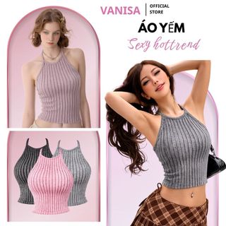 Áo hai dây croptop chất len lông giả yếm phong cách thanh lịch gọn gàng hồng xám đen VANISA AK774