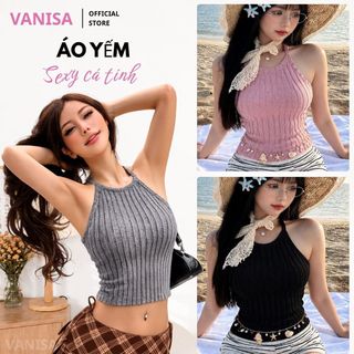 Áo len lông hai dây croptop giả yếm phong cách nữ tính xinh xắn màu hồng đen xám VANISA AK774