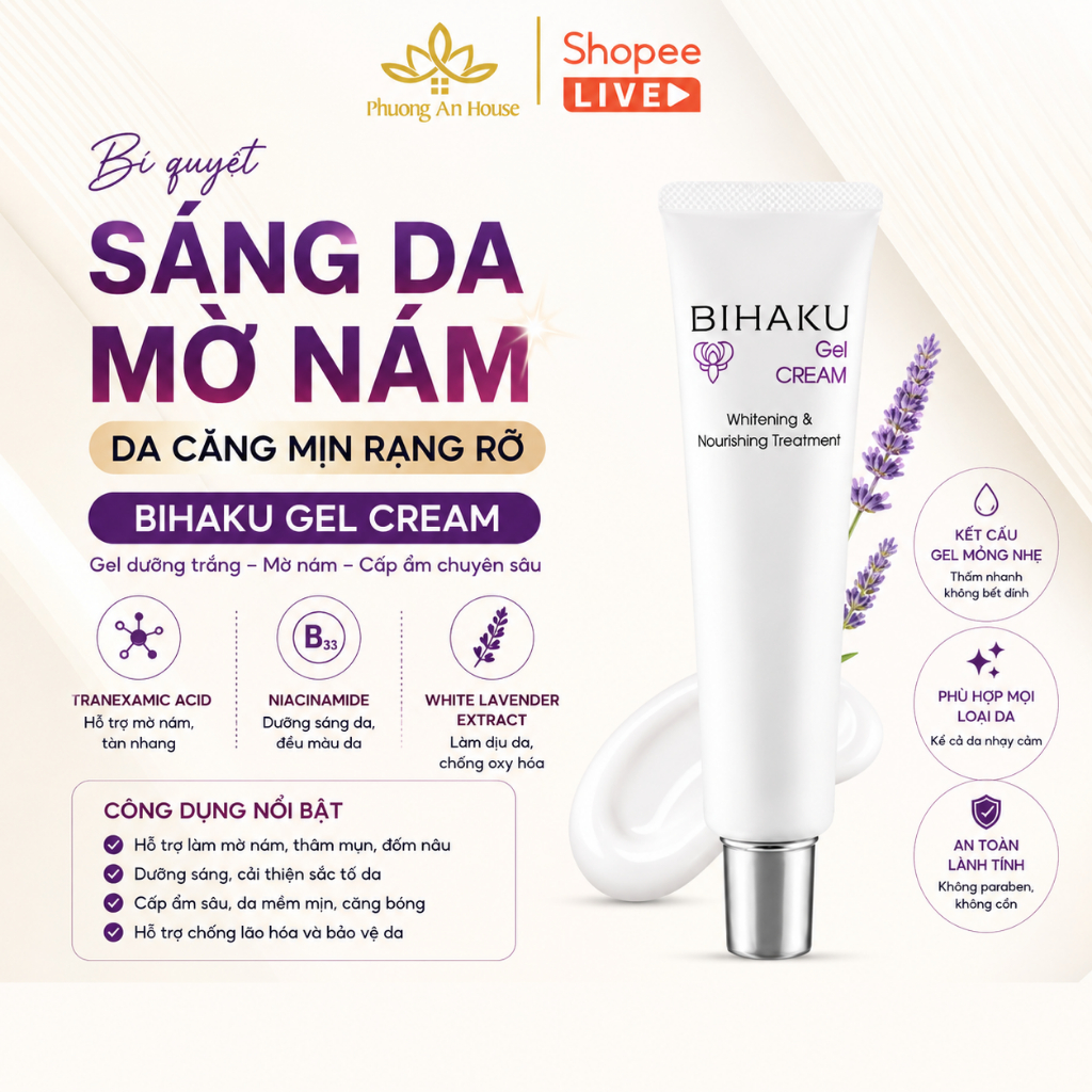 Kem dưỡng trắng da mờ nám Bihaku Gel Cream Niacinamide 10% và Tranexamic Acid 3% 30g