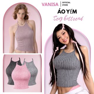 Áo len hai dây giả yếm croptop phong cách trẻ trung màu đen xám hồng dáng xinh VANISA AK774