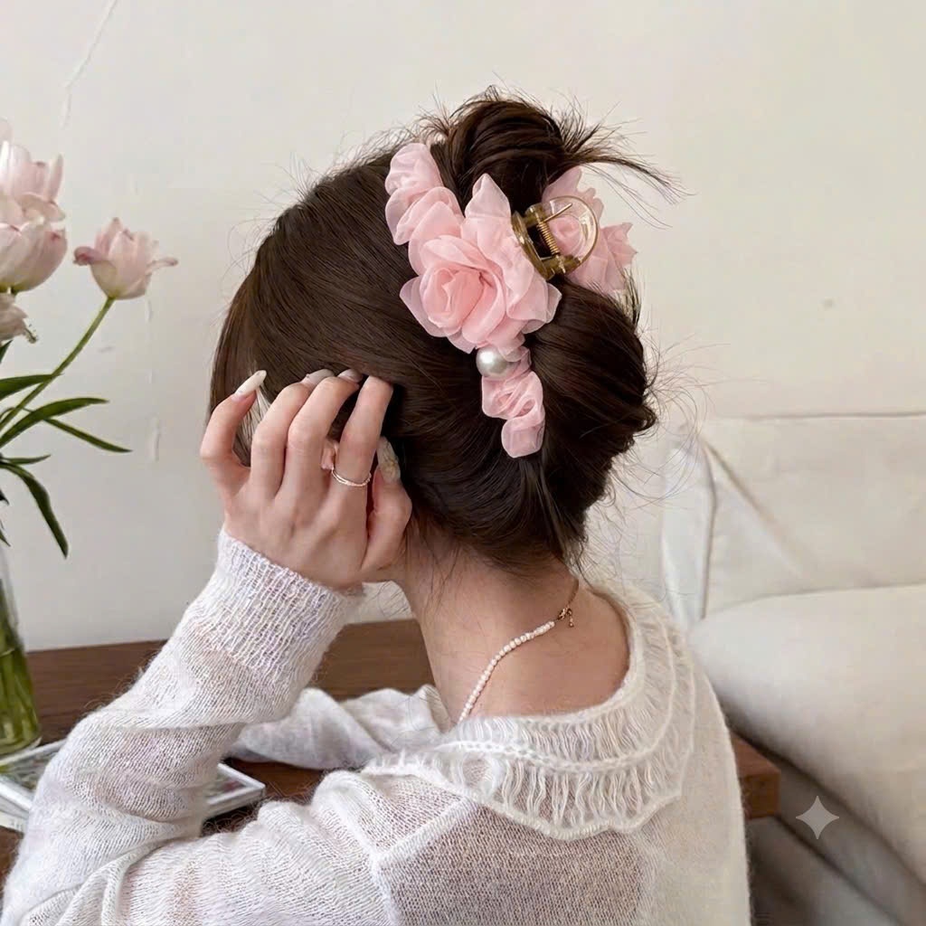 Kẹp Tóc Hoa Voan Đính Ngọc Trai Hàn Quốc – Kẹp Càng Cua Bản Lớn Nữ Tính Cho Tóc Dài & Tóc Búi