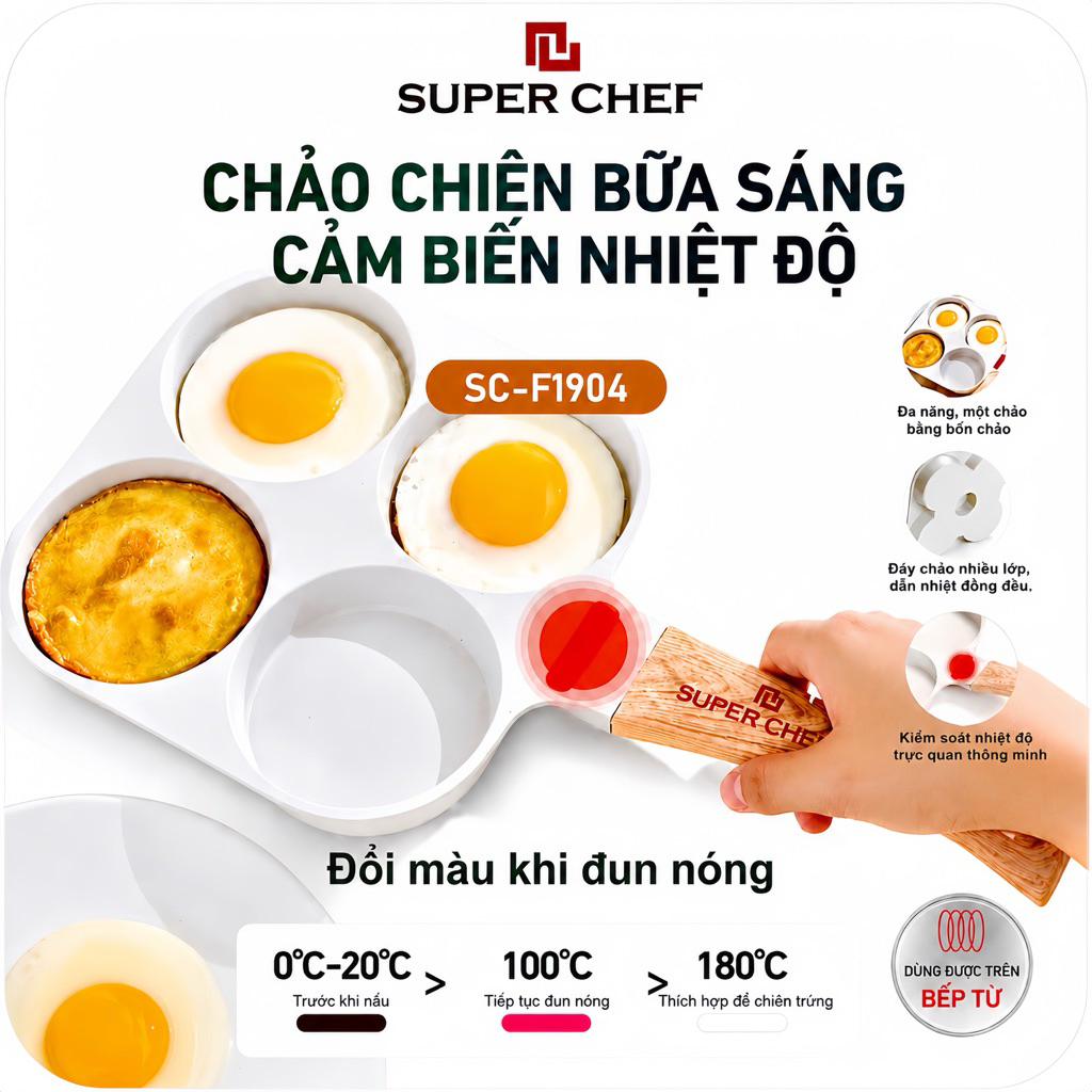 Chảo 4 Ngăn Super Chef Chống Dính Vân Đá - Tay Cầm Gỗ Cách Nhiệt, Có Cảm Biến Màu Sắc Báo Độ Nóng Siêu Tiện Lợi