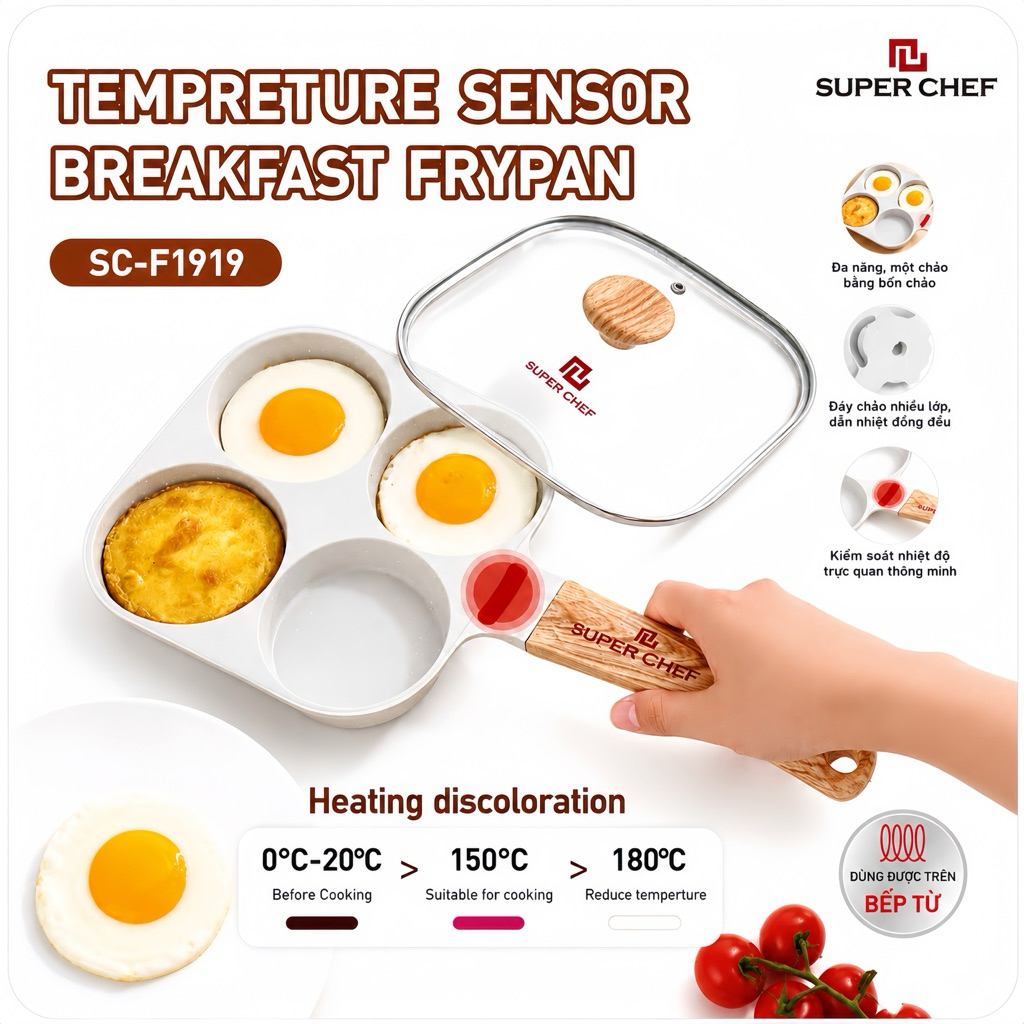 Chảo 4 Ngăn Super Chef Chống Dính Vân Đá - Tay Cầm Gỗ Cách Nhiệt, Có Cảm Biến Màu Sắc Báo Độ Nóng Siêu Tiện Lợi