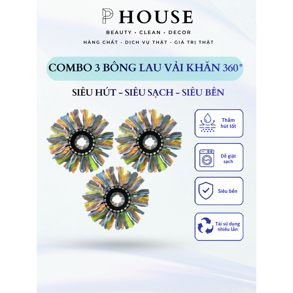 COMBO 3 Bông Lau Nhà Cotton Làm Bằng Vải Khăn Xuất Khẩu Siêu Sạch - Siêu Nhẹ - Siêu Thấm Hút