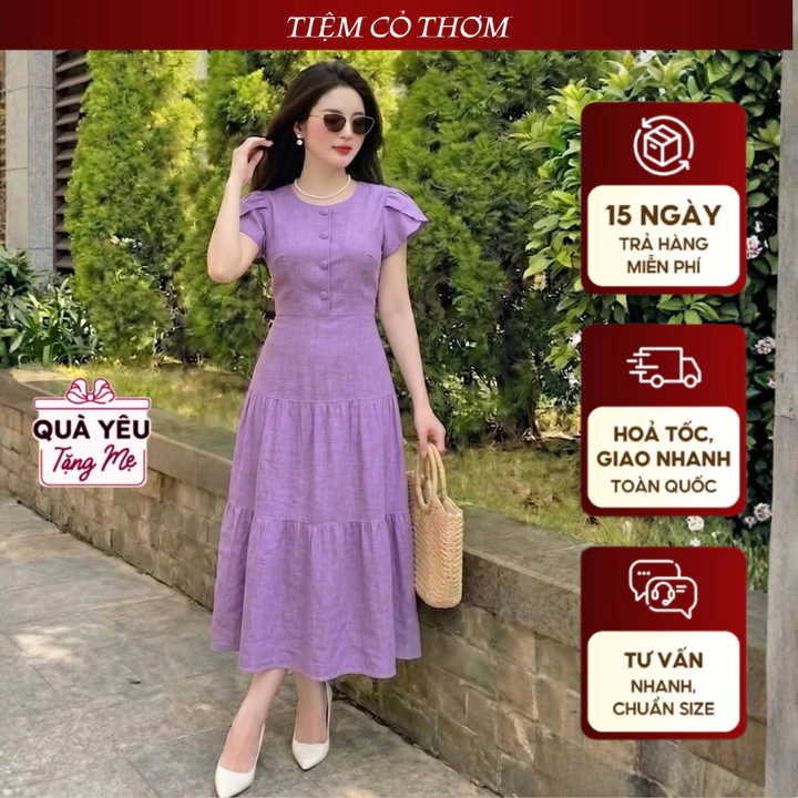 VÁY LIỀN | VÁY NỮ CAO CẤP TIỆM CỎ THƠM | Váy trung niên chất đũi mát, thanh lịch cho quý cô