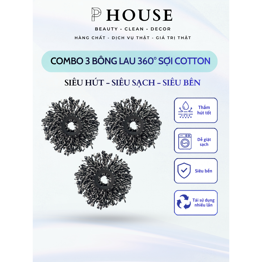 COMBO 3 Bông Lau Nhà Sợi Cotton 100% - Siêu Thấm Hút - Siêu Nhẹ - Siêu Sạch - Siêu Tiết Kiệm