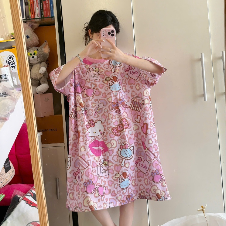 Đầm Ngắn Thun Rộng In Full Hai Mặt Họa Tiết Cotton Co Giãn Tốt Dễ Phối Đồ