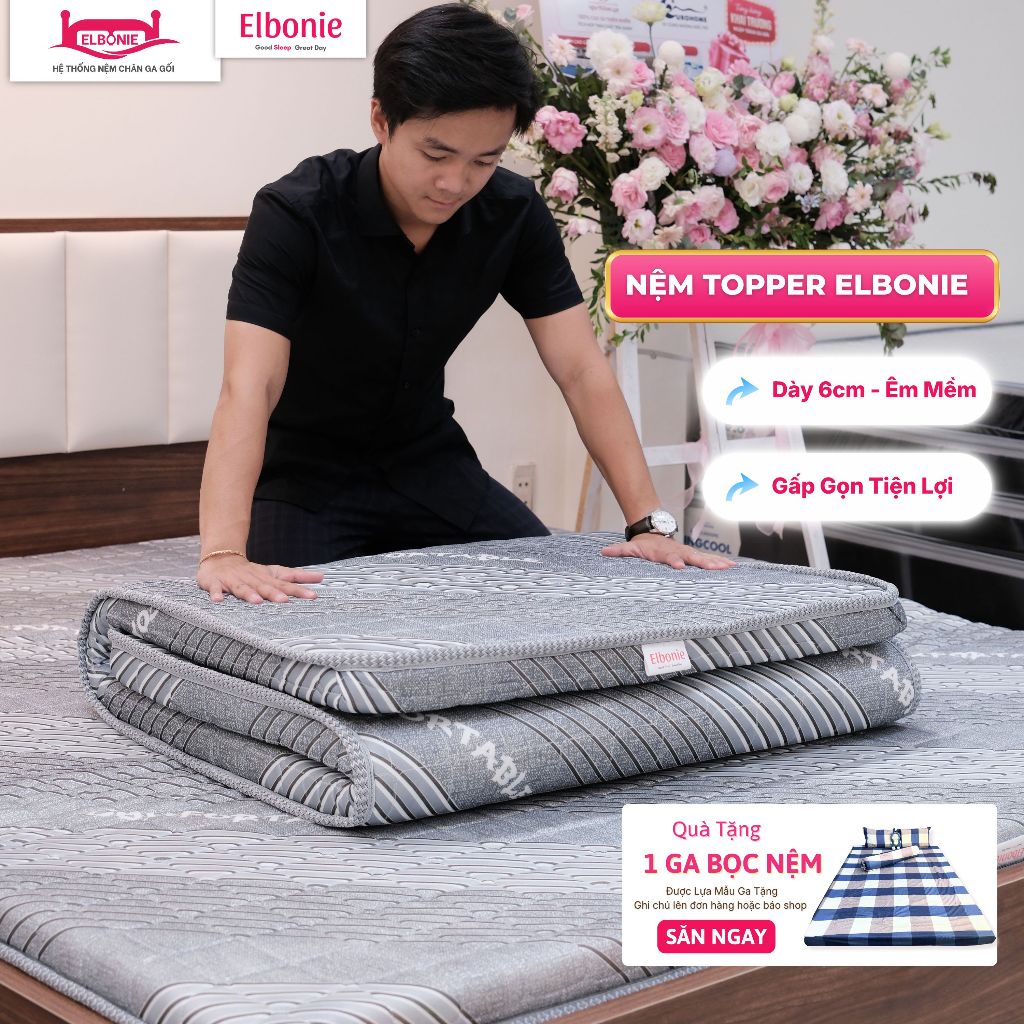 [Hỏa Tốc HCM] Nệm Topper Cao Su Non Cao Cấp Dày 6cm đủ size 80cm đến 2m2, chiều dài 2m tặng ga bo chun nệm êm dễ gấp gọn