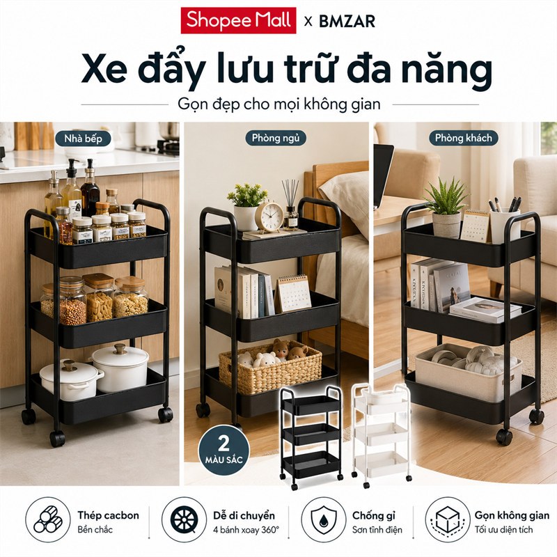 BMZAR Xe Đẩy Spa Đựng Đồ Có Bánh Xe Kệ Sắt Đa Năng Chắc Chắn Xe Để Đồ 3 Tầng Sang Trọng Cao Cấp
