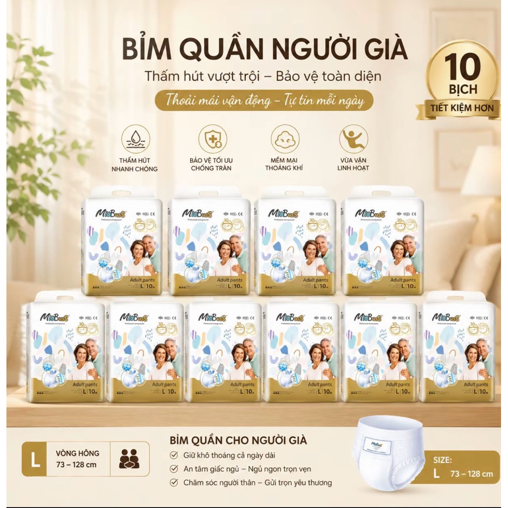 Combo 10 bịch bỉm quần người già MIOBUSS đủ size M,L,XL, chống tràn 360 độ