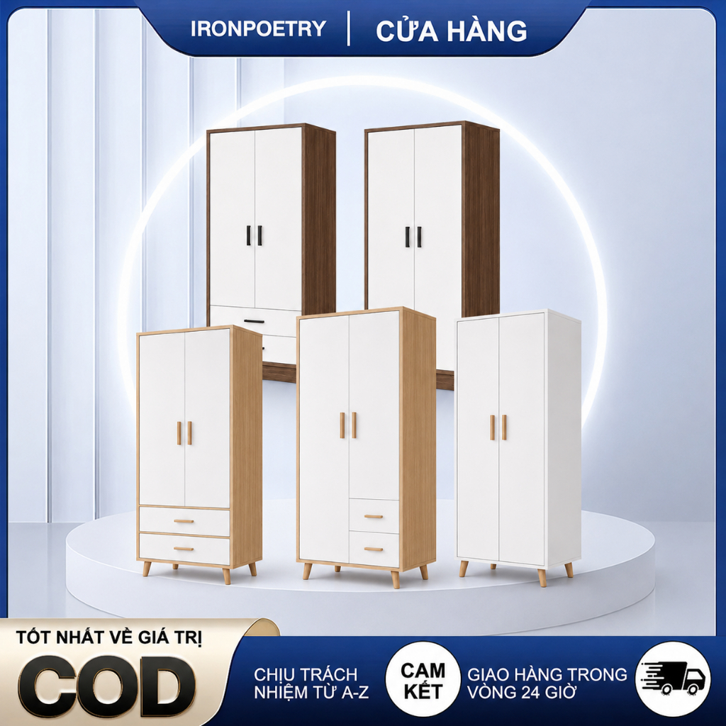 Tủ Quần Áo IRONPO 2 Cánh Kích Thước 60cm Hoặc 80cm Có Mẫu 2 Ngăn Kéo Thiết Kế Nhỏ Gọn Cho Phòng Ngủ