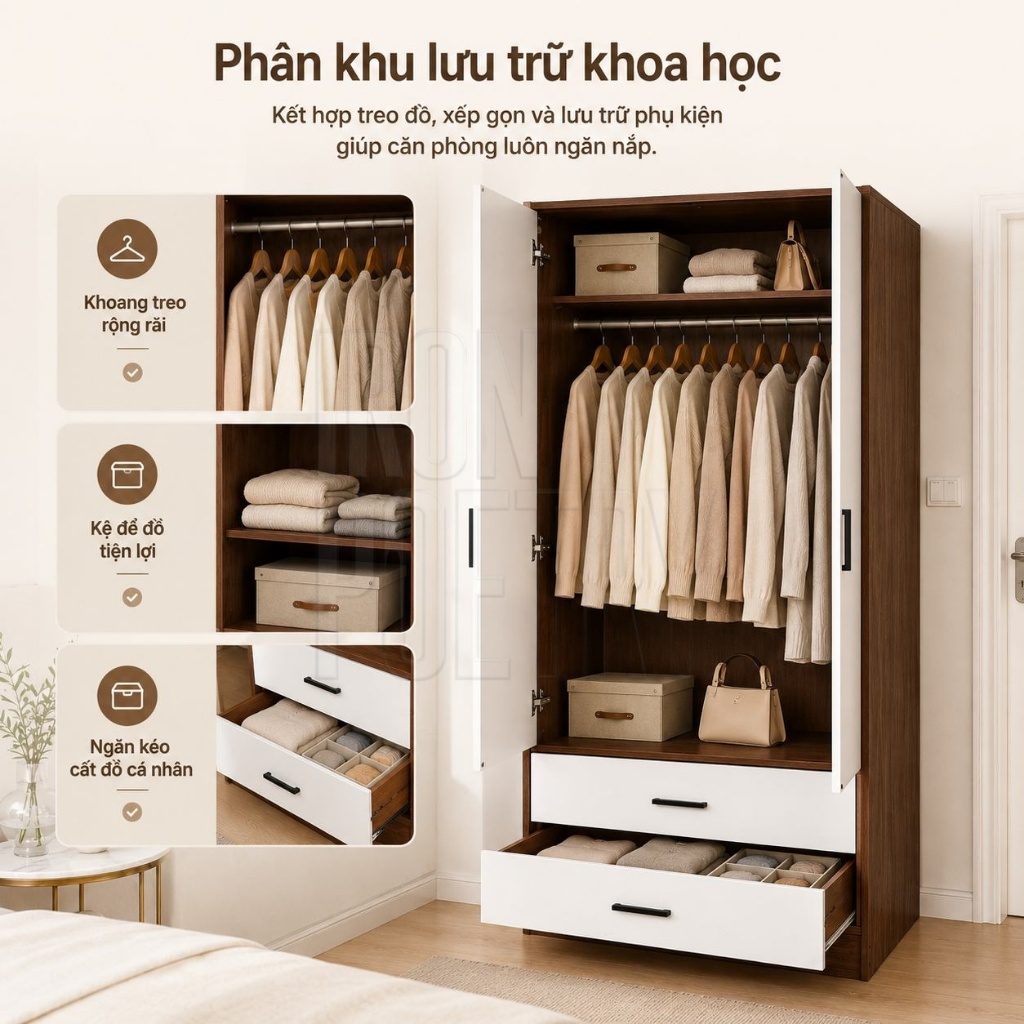 Tủ Quần Áo IRONPO 2 Cánh Kích Thước 60cm Hoặc 80cm Có Mẫu 2 Ngăn Kéo Thiết Kế Nhỏ Gọn Cho Phòng Ngủ