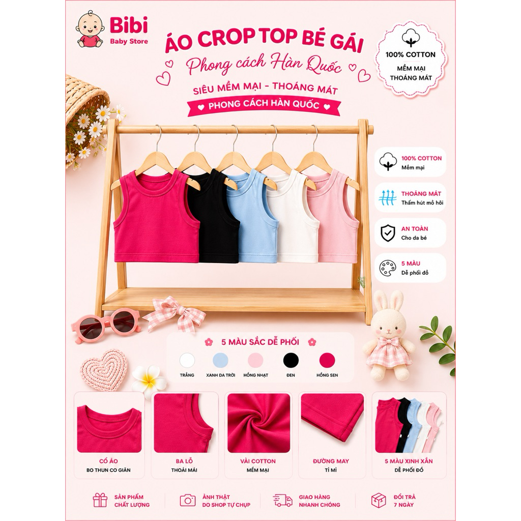 Áo Croptop Bé Gái Cotton 100% Mềm Mại Thoáng Mát Áo Ba Lỗ Trẻ Em Phong Cách Hàn Quốc 8 - 26 KG