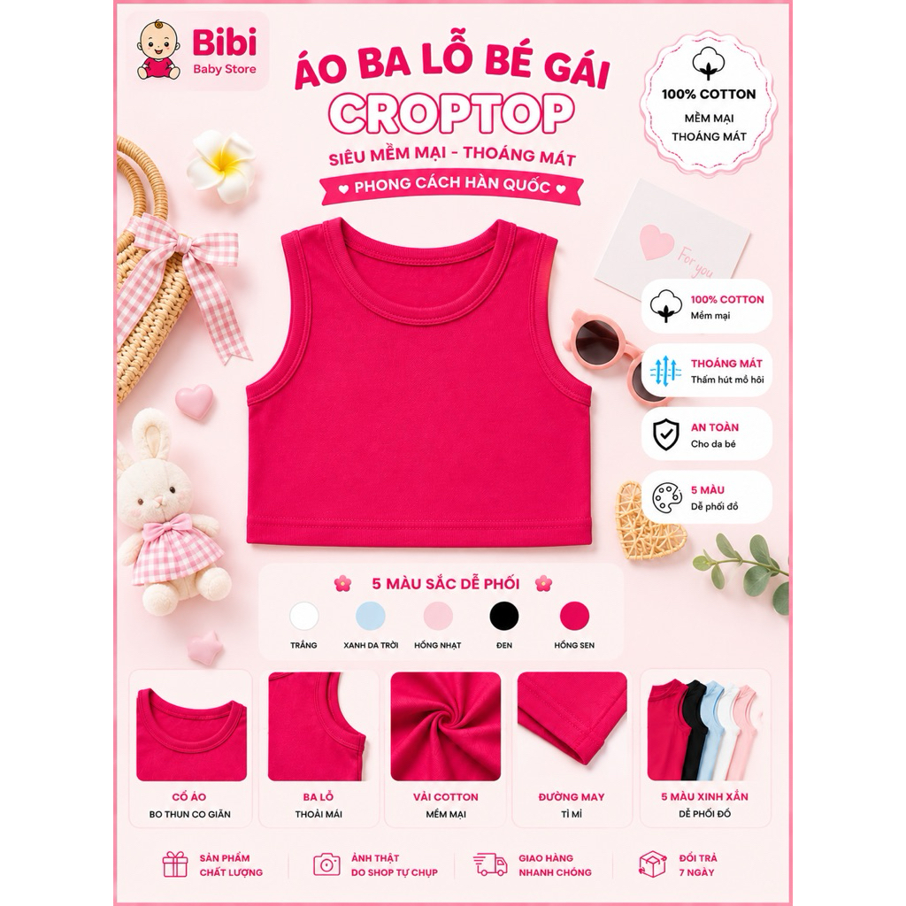 Áo Croptop Bé Gái Cotton 100% Mềm Mại Thoáng Mát Áo Ba Lỗ Trẻ Em Phong Cách Hàn Quốc 8 - 26 KG