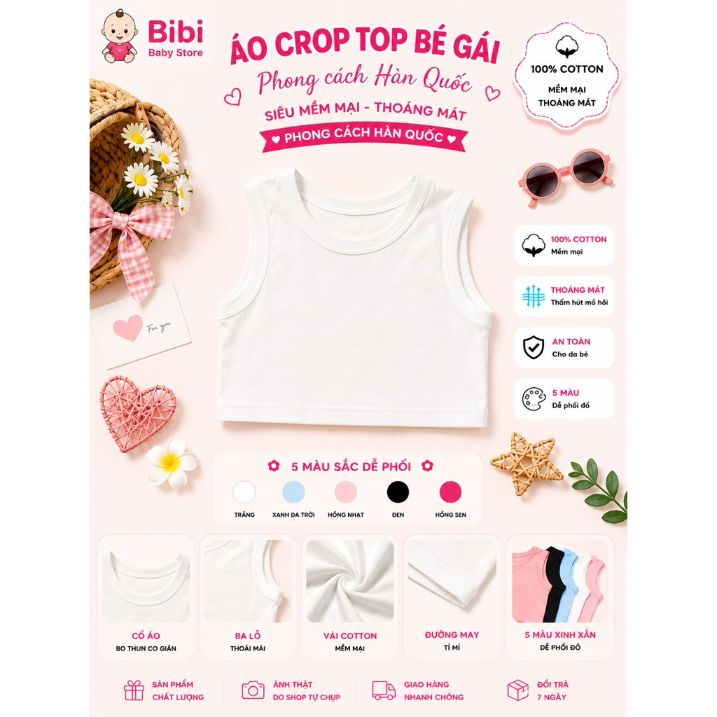 Áo Croptop Bé Gái Cotton 100% Mềm Mại Thoáng Mát Áo Ba Lỗ Trẻ Em Phong Cách Hàn Quốc 8 - 26 KG