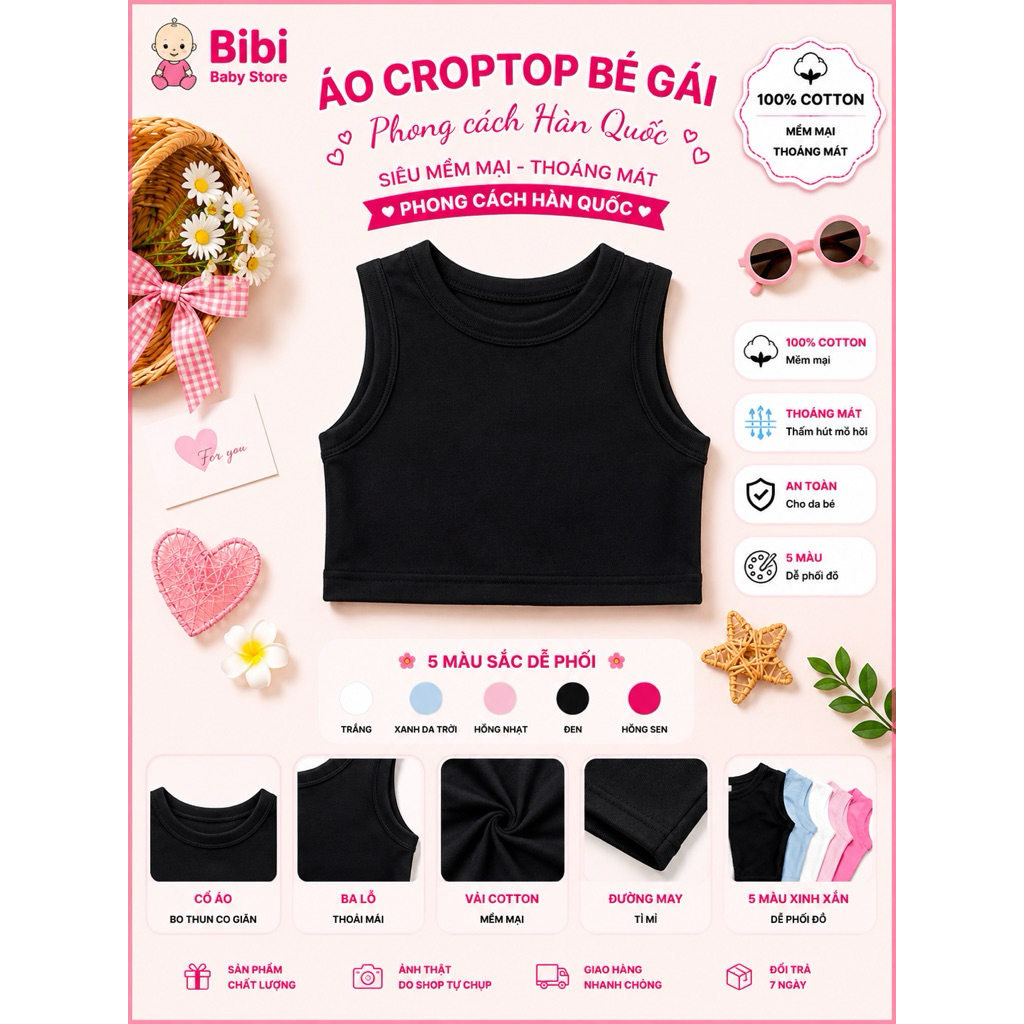 Áo Croptop Bé Gái Cotton 100% Mềm Mại Thoáng Mát Áo Ba Lỗ Trẻ Em Phong Cách Hàn Quốc 8 - 26 KG