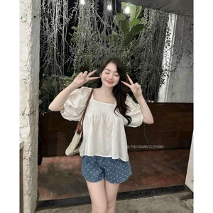 SET ÁO BABYDOLL PHỐI QUẦN SHORT CHẤM BI ĐÍNH NƠ, SET ĐỒ NỮ BASIC DỄ THƯƠNG | MEOINDAHOUSE