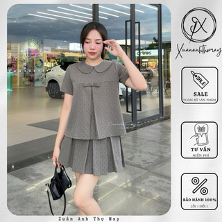 [ S12 ] Set áo cổ sen + chân váy ngắn xếp ly chấm bi xám - Xuananhthomay