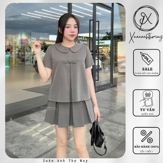 [ S12 ] Set áo cổ sen + chân váy ngắn xếp ly chấm bi xám - Xuananhthomay
