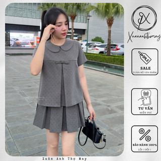 [ S12 ] Set áo cổ sen + chân váy ngắn xếp ly chấm bi xám - Xuananhthomay