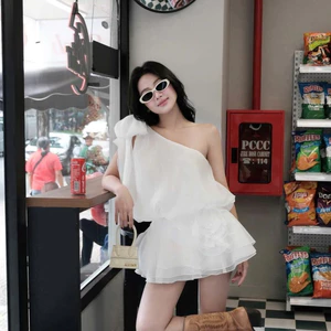 ĐẦM LỆCH VAI CỘT NƠ HOA HỒNG PHỐI VOAN TẦNG, ĐẦM NỮ TIỂU THƯ CÔNG CHÚA NÀNG THƠ | MEOINDAHOUSE
