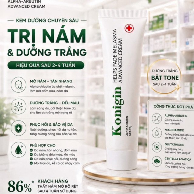 Kem Dưỡng Trắng Da Konigin Cấp Ẩm Sâu, Làm Sáng Da, Giảm Sạm Nám, Phục Hồi Da Khỏe Mịn Tuýp 30g