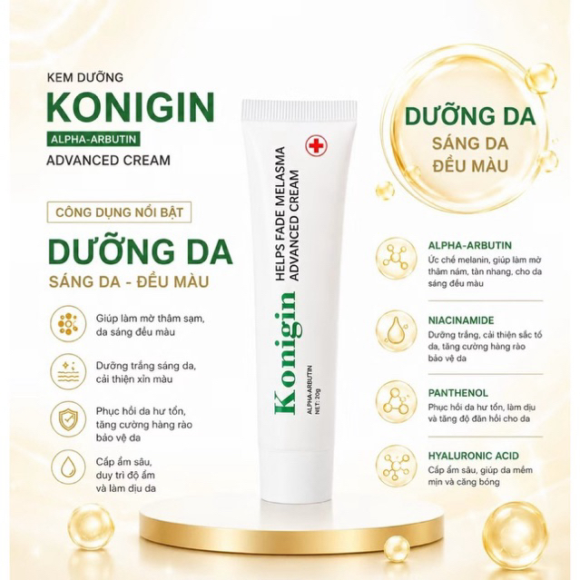 Kem Dưỡng Trắng Da Konigin Cấp Ẩm Sâu, Làm Sáng Da, Giảm Sạm Nám, Phục Hồi Da Khỏe Mịn Tuýp 30g