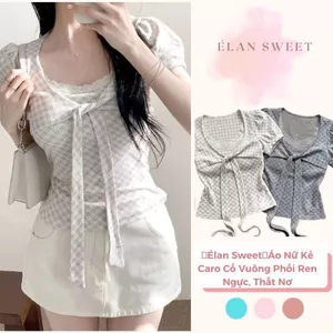 【Élan Sweet】Áo Nữ Kẻ Caro Cổ Vuông Phối Ren Ngực - Áo Tay Ngắn Phồng Buộc Nơ Eo Dáng Ôm Hack Dáng Hot Trend