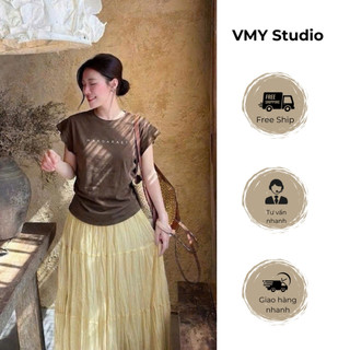 VMY Studio - Áo thun pha cổ ren co dãn ôm body xinh xắn, áo tay lỡ ren in chữ trước ngực trẻ trung QCL1 nữ