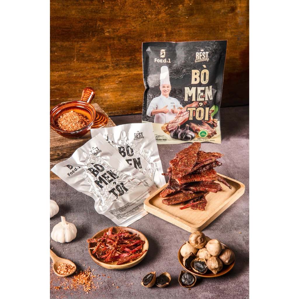 Bò Men Tỏi Sấy Dẻo Chef Hải 200G | 100% Thịt Bò Tươi Tuyển Chọn, Mềm Dai Đậm Vị, Không Phẩm Màu