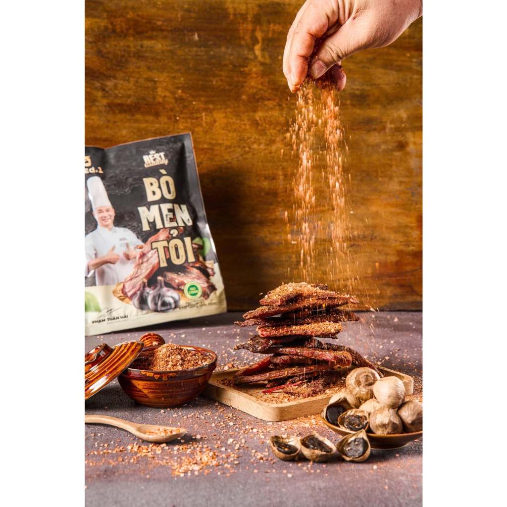 Bò Men Tỏi Sấy Dẻo Chef Hải 200G | 100% Thịt Bò Tươi Tuyển Chọn, Mềm Dai Đậm Vị, Không Phẩm Màu