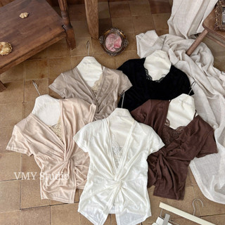 VMY Studio - Áo thun pha cổ ren co dãn form ôm body siêu hot nữ, áo cổ tim ren sang trọng tay ngắn nữ