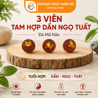 3 viên tam hợp dần ngọ tuất chất liệu mã não đỏ đã khai quang - size 8 10 12ly - may mắn tài lộc