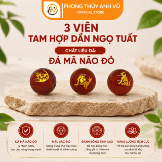 3 viên tam hợp dần ngọ tuất chất liệu mã não đỏ đã khai quang - size 8 10 12ly - may mắn tài lộc