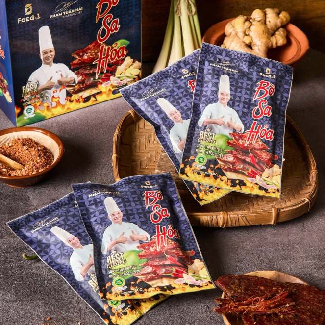 Bò Sa Hỏa Sấy Dẻo Chef Hải | 01 Hộp Gồm 4 Gói 50G | 100% Thịt Bò Tươi Tuyển Chọn, Vị Sả Ớt Thơm Cay, Mềm Dai Đậm Vị