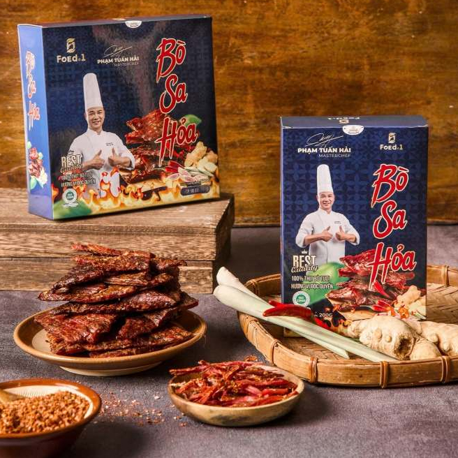 Bò Sa Hỏa Sấy Dẻo Chef Hải | 01 Hộp Gồm 4 Gói 50G | 100% Thịt Bò Tươi Tuyển Chọn, Vị Sả Ớt Thơm Cay, Mềm Dai Đậm Vị