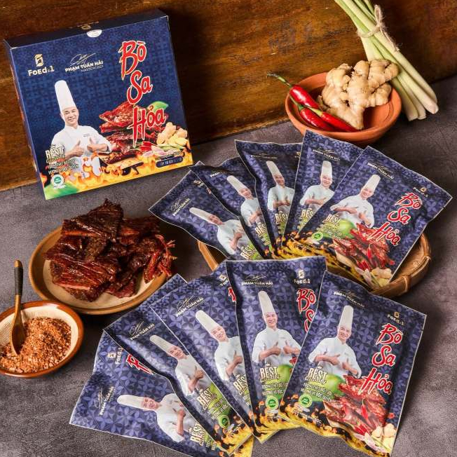 Bò Sa Hỏa Sấy Dẻo Chef Hải | 01 Hộp Gồm 4 Gói 50G | 100% Thịt Bò Tươi Tuyển Chọn, Vị Sả Ớt Thơm Cay, Mềm Dai Đậm Vị
