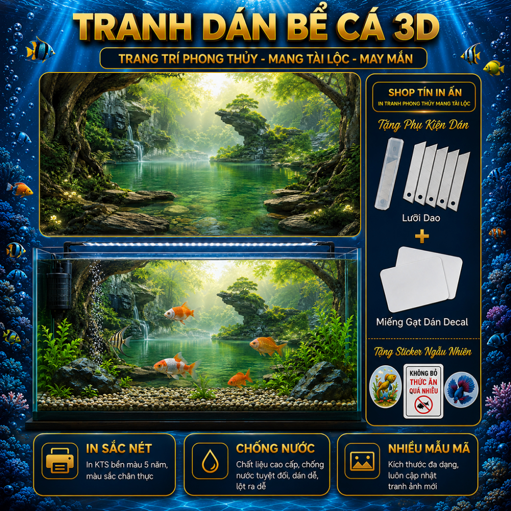 Decal tranh dán hồ cá 3D Kho In Ấn HC84 chống nước, In KTS dán dễ, gỡ dễ, có keo sẵn, nhiều kích cỡ