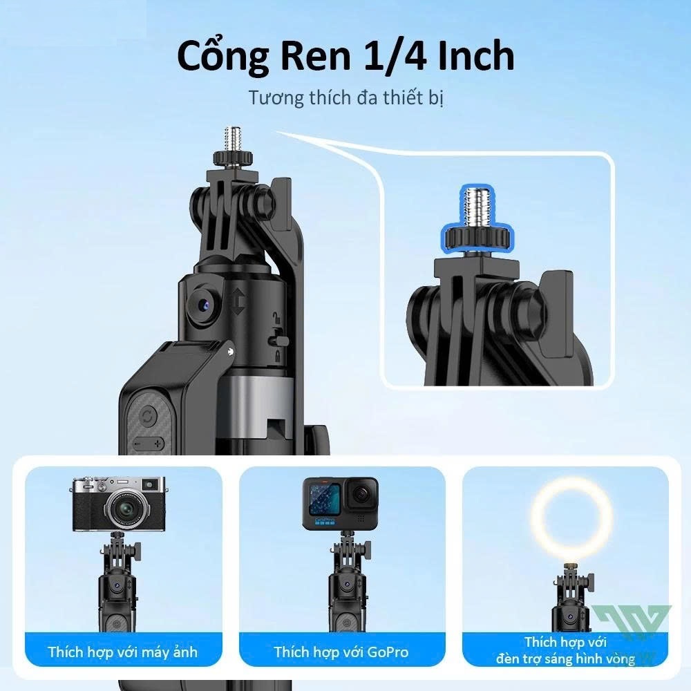 Gậy Selfie quay video 1 mình kim Tripod 4 chân 1m8 có Gimbal camera AI cảm biến nhận diện khuôn mặt theo dõi chuyển động