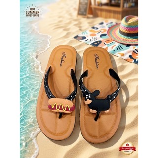 (Tăng size)  Dép Kẹp Nữ Đi Biển, Dép Xỏ Ngón Nữ Đế Bệt Quai Chấm Bi Họa Tiết Hoạt Hình Đáng Yêu - 035